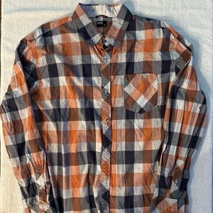 BKE Men’s Orange and Blue Casual Button Down Shirt